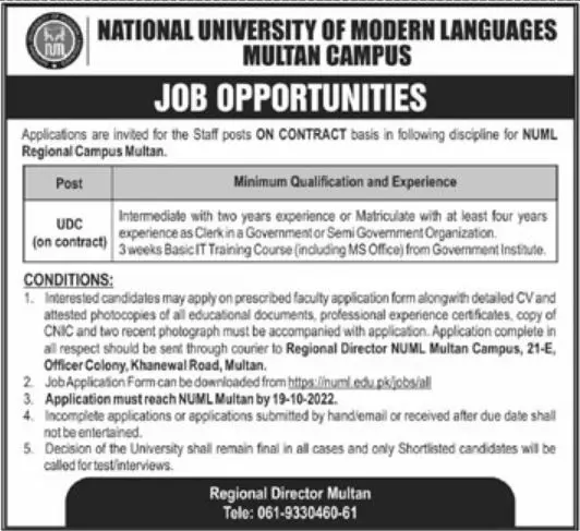 National University of modern Languages Multan Campus Jobs – National University of Modern Languages Islamabad Jobs 2022 — original advertisement