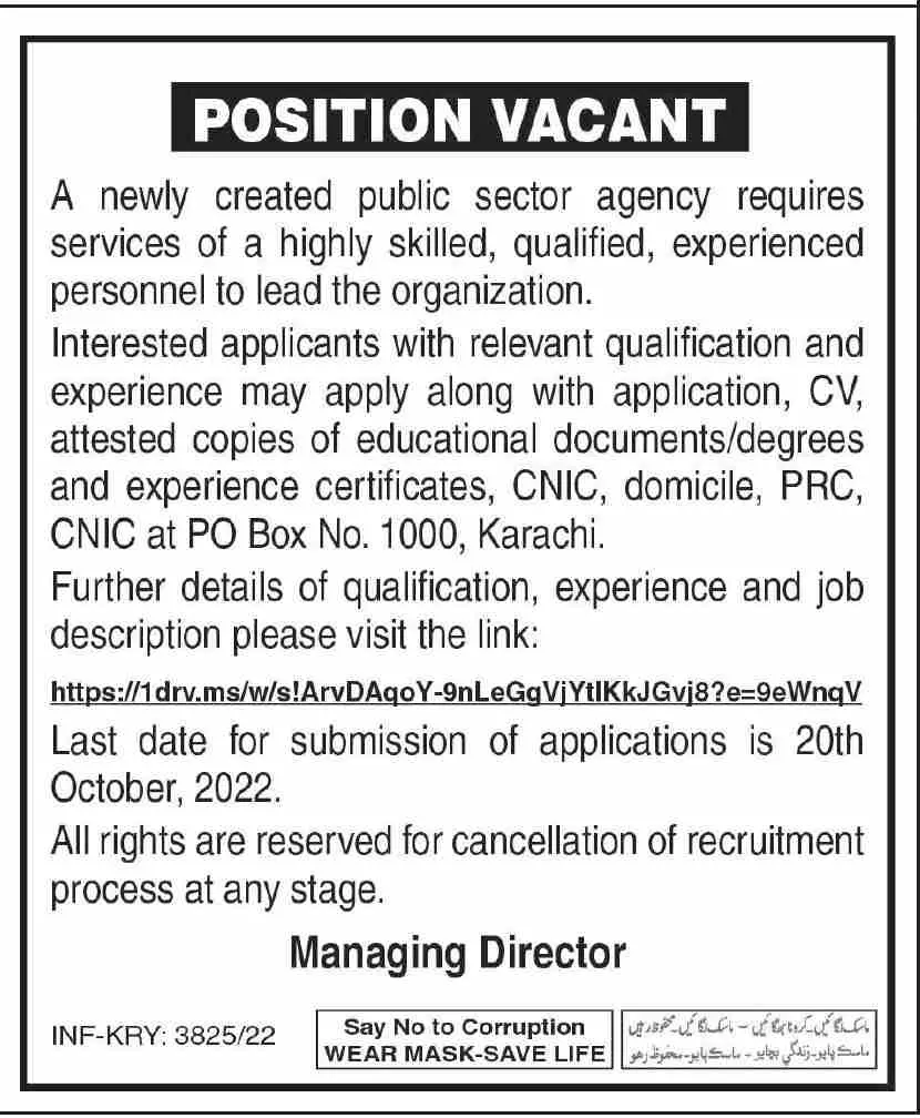 Jobs in Public Sector Agency Karachi – Public Sector Organization Jobs 2022 — original advertisement