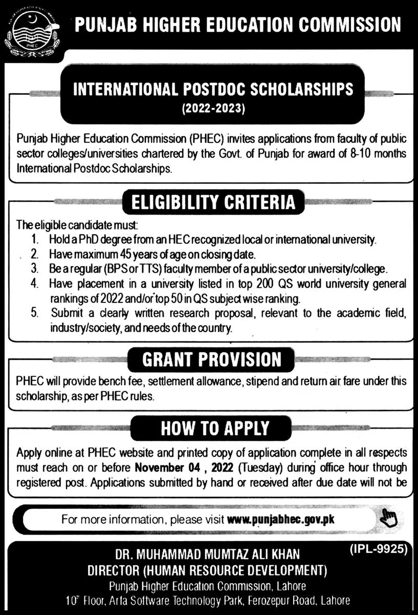 Scholarships Programs in Punjab Higher Education Commission Scholarships 2022 — original advertisement