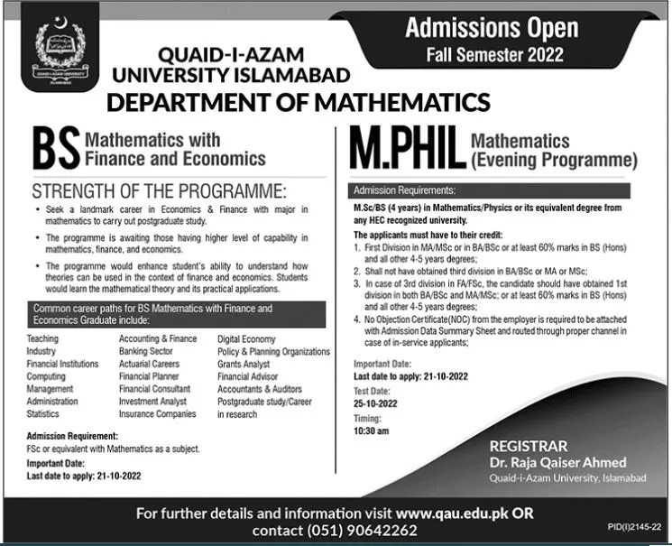 Admission in Quaid -i-Azam University Islamabad – Quaid-i-Azam University Islamabad Admissions 2022 — original advertisement