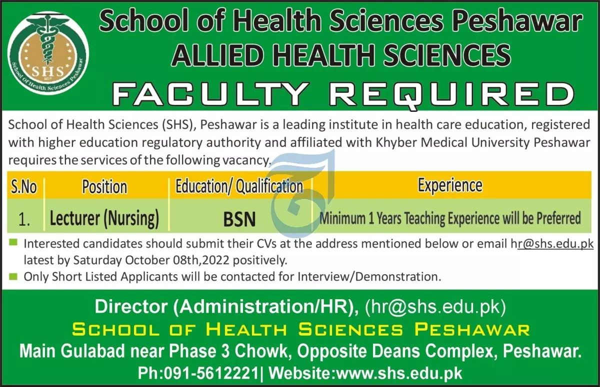 Faculty Required School of Health Sciences Peshawar – Allied School System Jobs 2022 — original advertisement