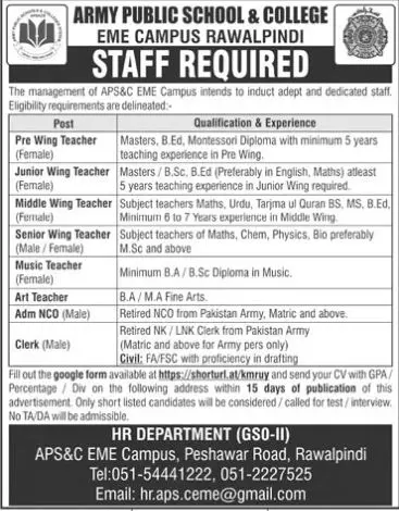 Jobs in Army Public School And College EME Campus Rawalpindi – Army Public School & College Paksitan Jobs 2022 — original advertisement