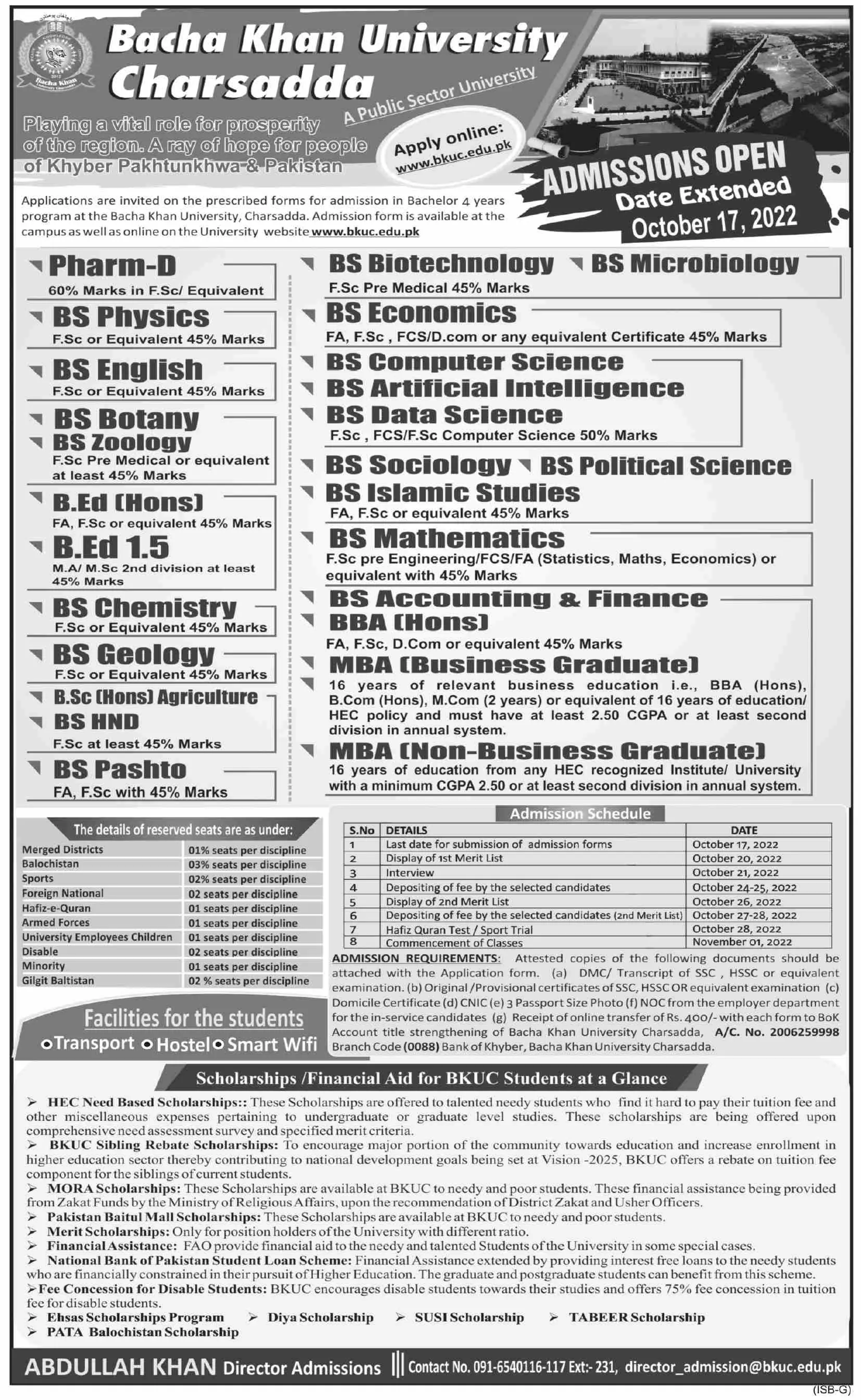 Admission in Bacha Khan University Charsadda – Bacha Khan University Charsada Admissions 2022 — original advertisement