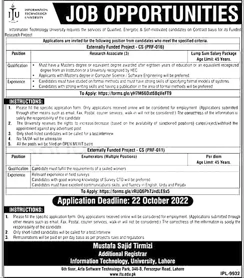 Jobs in Information Technology University ITU 2022 – Information Technology University of the Punjab Lahore Jobs 2022 — original advertisement