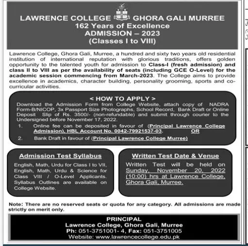 Admissions in Lawrence College Ghora Gali Murre Admissions 2022 — original advertisement