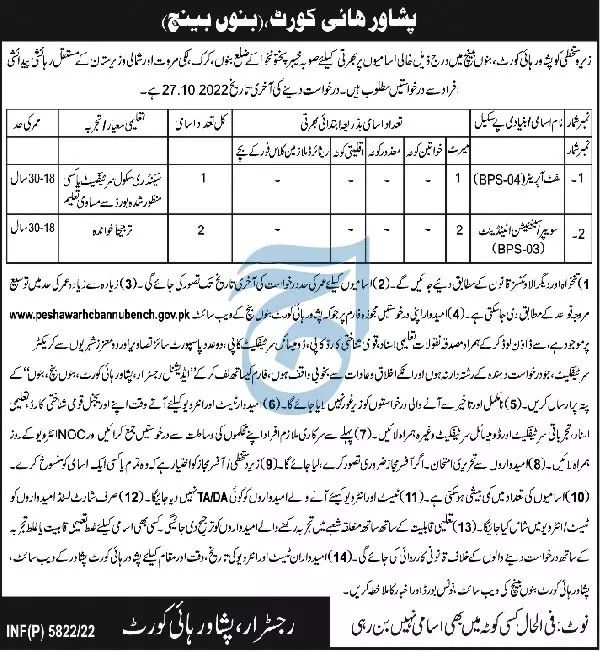 Jobs in Peshawar High Court Bannu Bench – Peshawar High Court, Peshawar Jobs 2022 — original advertisement