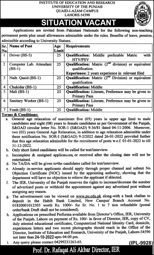 Jobs in University of Punjab Lahore Jobs 2022 — original advertisement