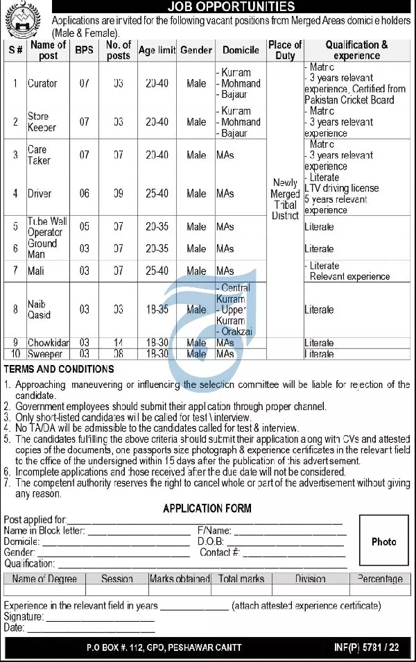 Jobs in Pakistan Army Peshawar Cantt 2022 Jobs 2022 — original advertisement