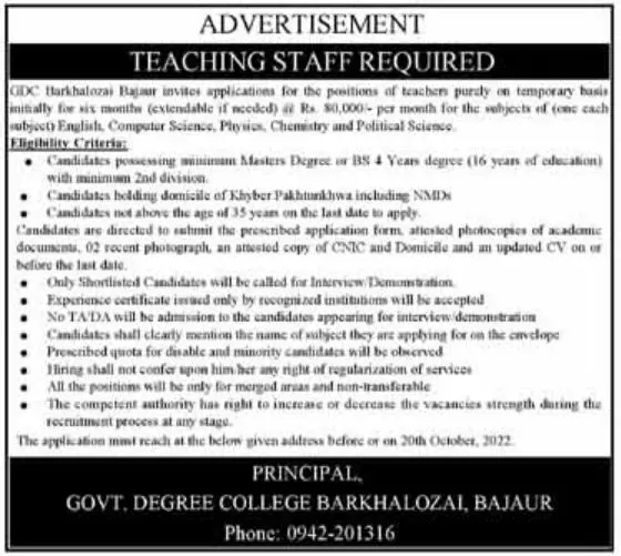 Jobs in Govt Degree College Barkhalozai Bajaur – Government Boys Degree College Jobs 2022 — original advertisement