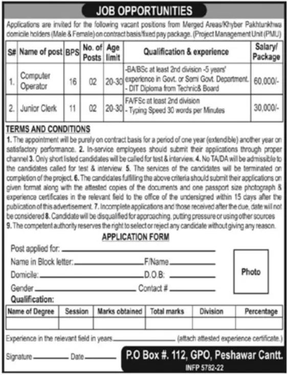 Jobs in Public Sector Organization Peshawar Cantt Jobs 2022 — original advertisement