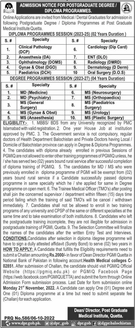 Admission in Postgraduate Medical Institute Quetta 2022 – Post Graduate Medical Institute (PGMI) Quetta Admissions 2022 — original advertisement