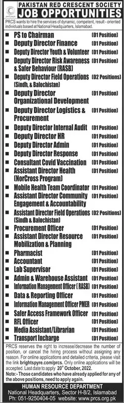 Jobs in Pakistan Red Crescent Society Islamabad 2022 Jobs 2022 — original advertisement