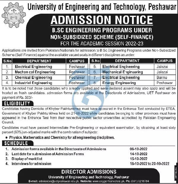 Admission in University of Engineering & Technology Peshawar – University of Engineering and Technology Peshawar Admissions 2022 — original advertisement