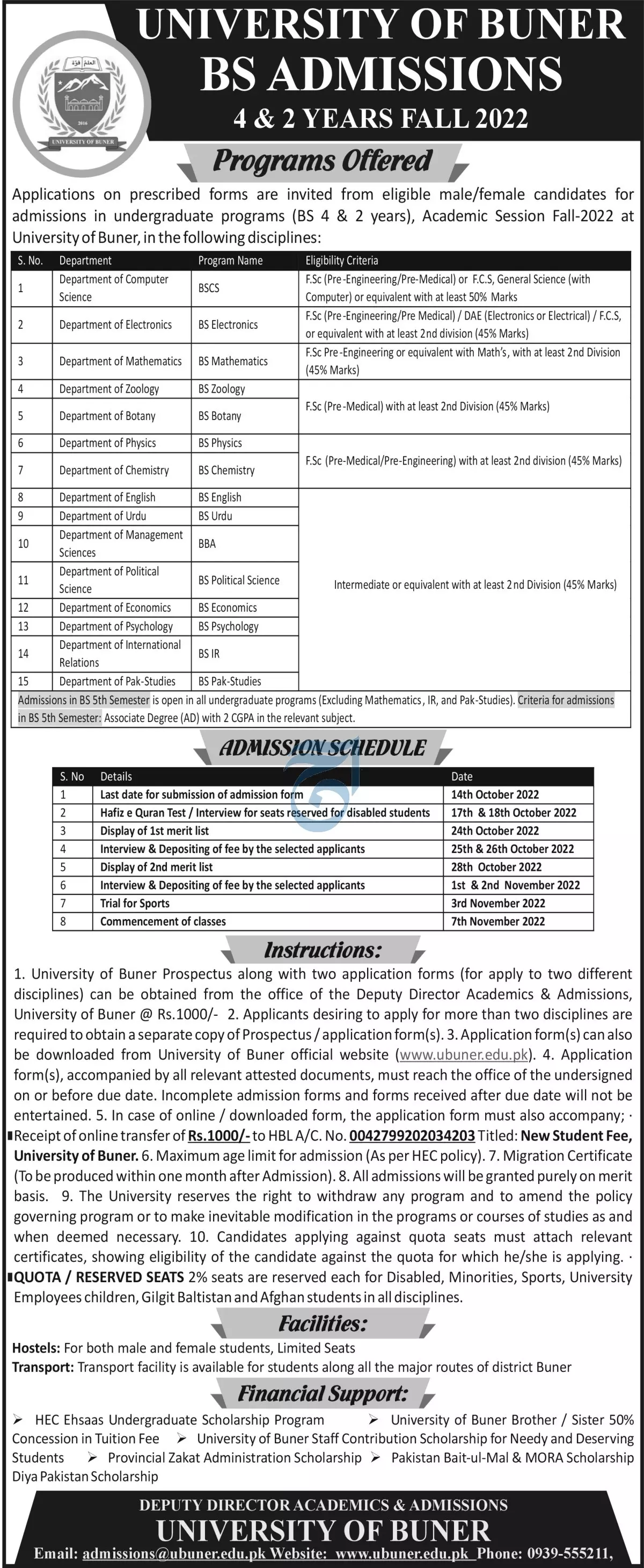 Admission in University of Buner Admissions 2022 — original advertisement