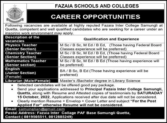 Jobs in Fazaia School and Colleges Quetta 2022 – Fazaia Schools & Colleges Jobs 2022 — original advertisement
