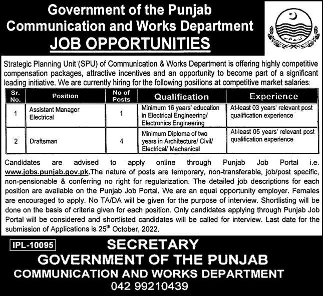 Jobs in Communication and Works Department Punjab 2022 – Communications and Works Department Punjab Jobs 2022 — original advertisement