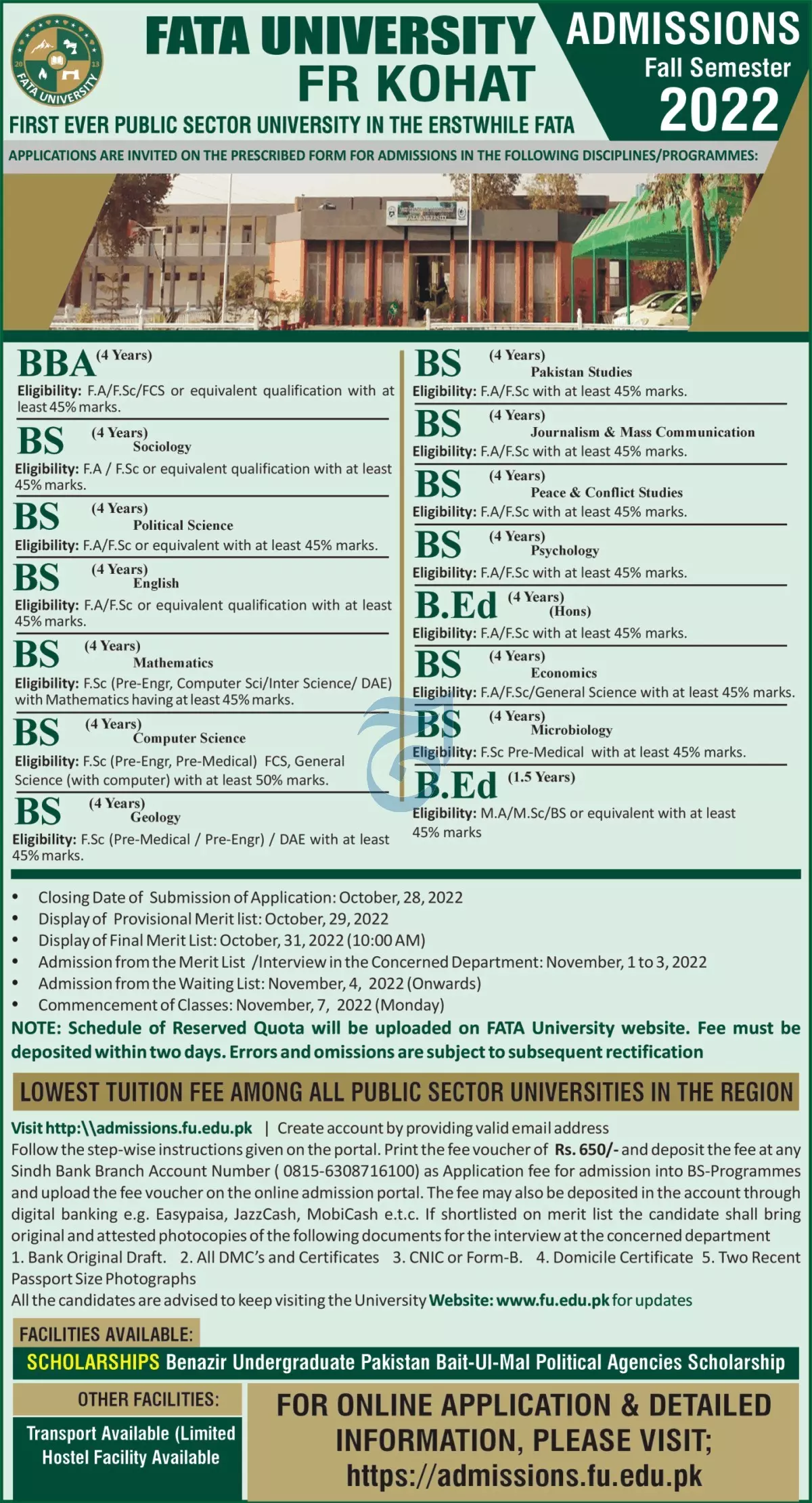 Admission in FATA University Fr Kohat – FATA University Akhorwal Darra Adam Khel FR Kohat Admissions 2022 — original advertisement