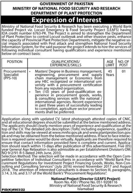 National Food Security & Research Islamabad Jobs 2022 – Ministry of National Food Security & Research Jobs 2022 — original advertisement