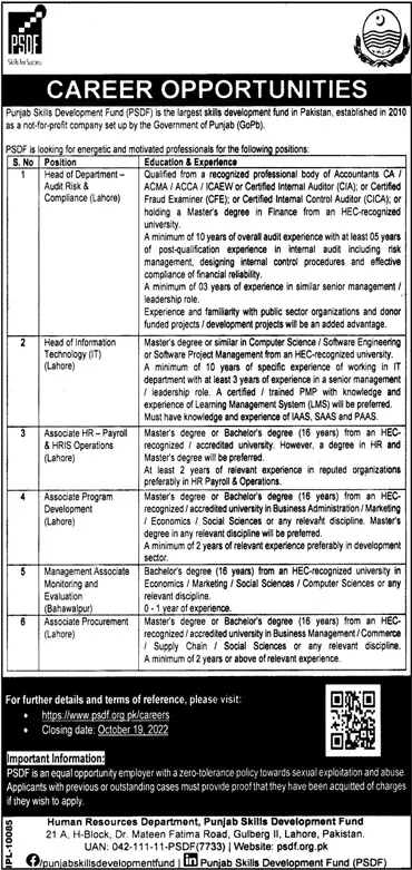 Jobs in Punjab Skills Development Fund 2022 Jobs 2022 — original advertisement