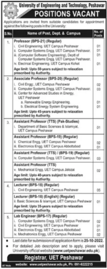 Jobs in University of Engineering And Technology Peshawar Jobs 2022 — original advertisement