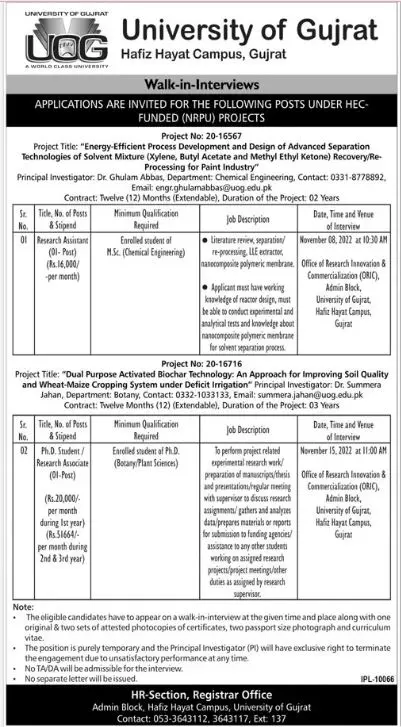 Jobs in University of Gujrat Hafiz Hayat Campus Gujrat Jobs 2022 — original advertisement