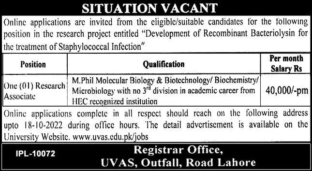 Jobs in University of Veterinary and Animal Sciences Lahore Jobs 2022 — original advertisement