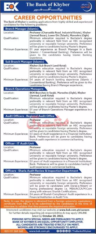 Jobs in Bank of Khyber BOK 2022 Jobs 2022 — original advertisement
