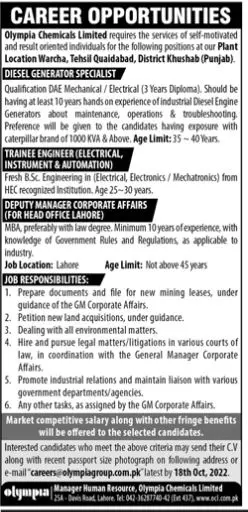 Jobs in Olympia Chemicals Limited Jobs 2022 — original advertisement