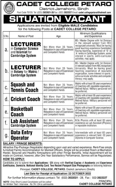 Jobs in Cadet College Petaro Jobs 2022 — original advertisement
