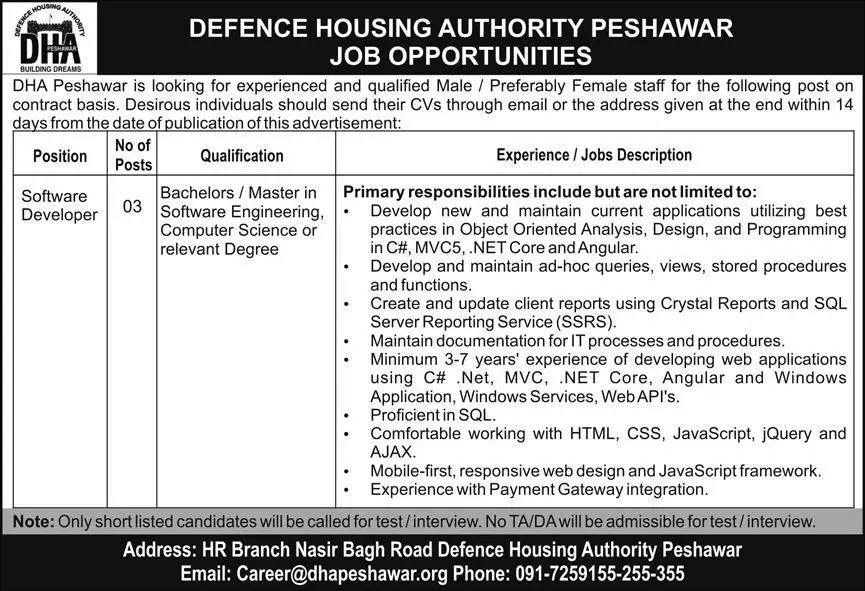 Jobs in Defence Housing Peshawar – Defence Housing Authority Jobs 2022 — original advertisement