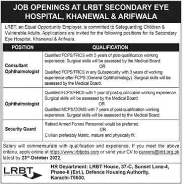 Jobs in LRBT Secondary Eye Hospital Khanewal – LRBT Tertiary Eye Teaching  Hospital Jobs 2022 — original advertisement