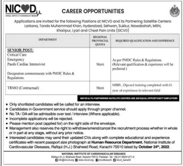 Jobs in National Institute of Cardiovascular Diseases 2022 – National Institute of Cardiovascular Diseases (NICVD) Sindh Karachi Jobs 2022 — original advertisement