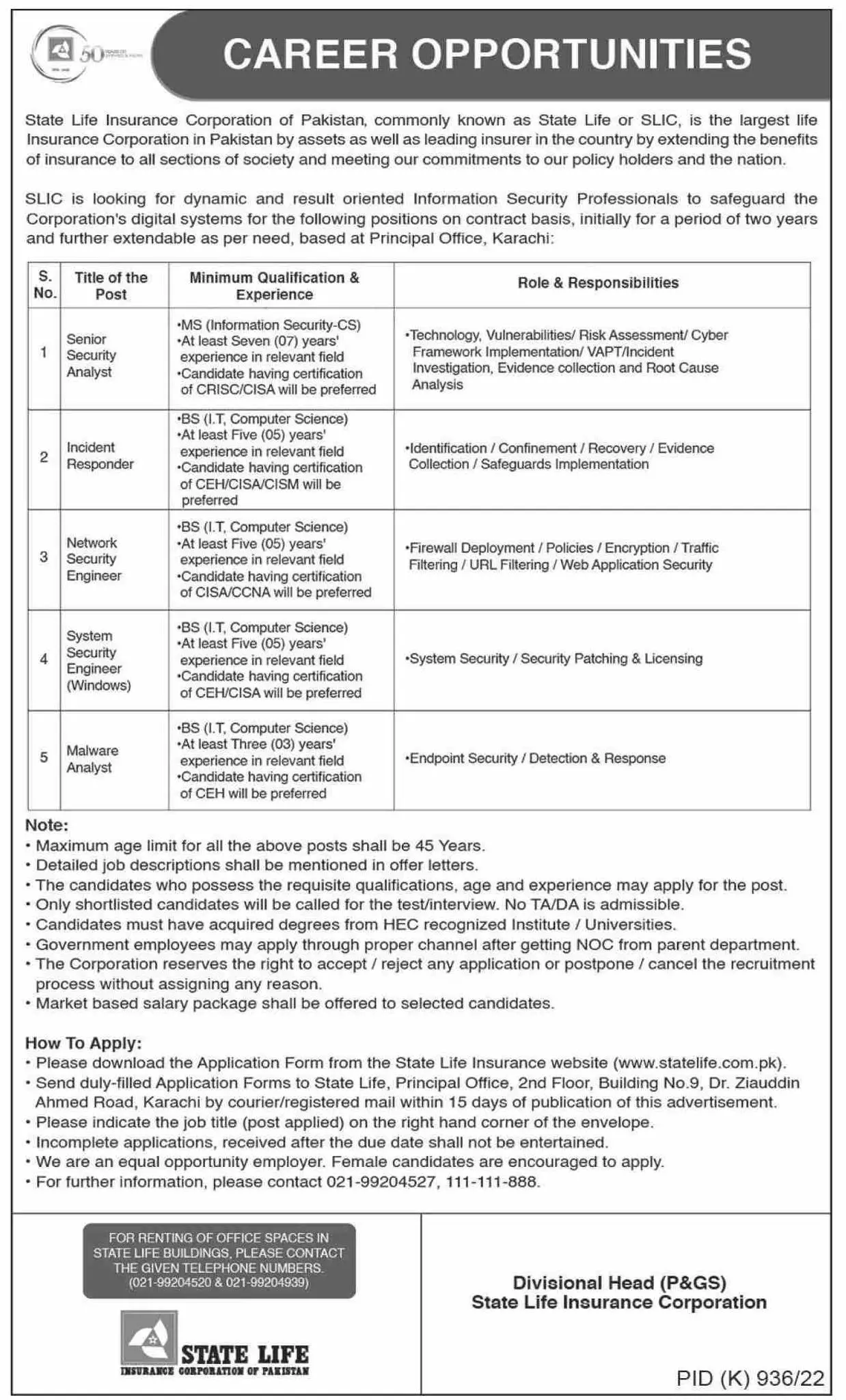 Jobs in State Bank of Pakistan Jobs 2022 — original advertisement