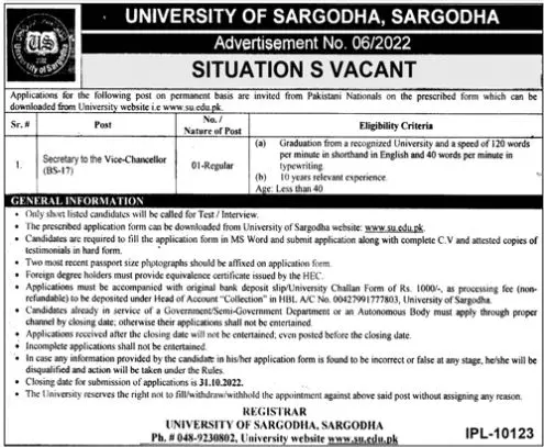 Jobs in University of Sargodha Punjab Jobs 2022 — original advertisement