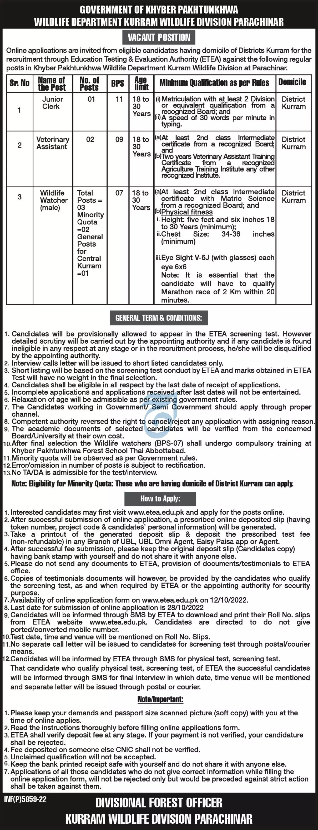 Jobs in Wildlife Department Khyber Pakhtunkhwa 2022 – Forest Department Khyber Pakhtunkhwa Jobs 2022 — original advertisement
