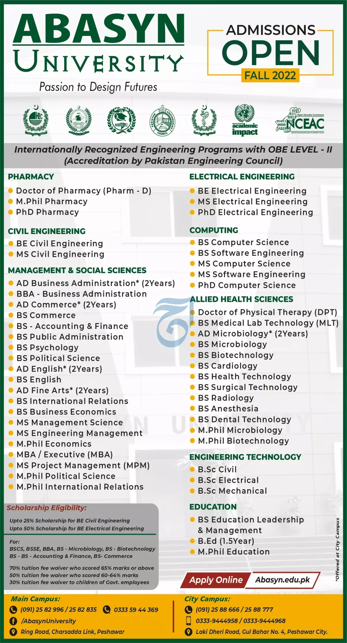 Admission in Abasyn University Peshawar Admissions 2022 — original advertisement