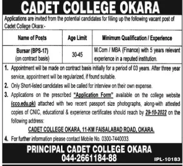 Jobs in Cadet College Okara Punjab 2022 Jobs 2022 — original advertisement