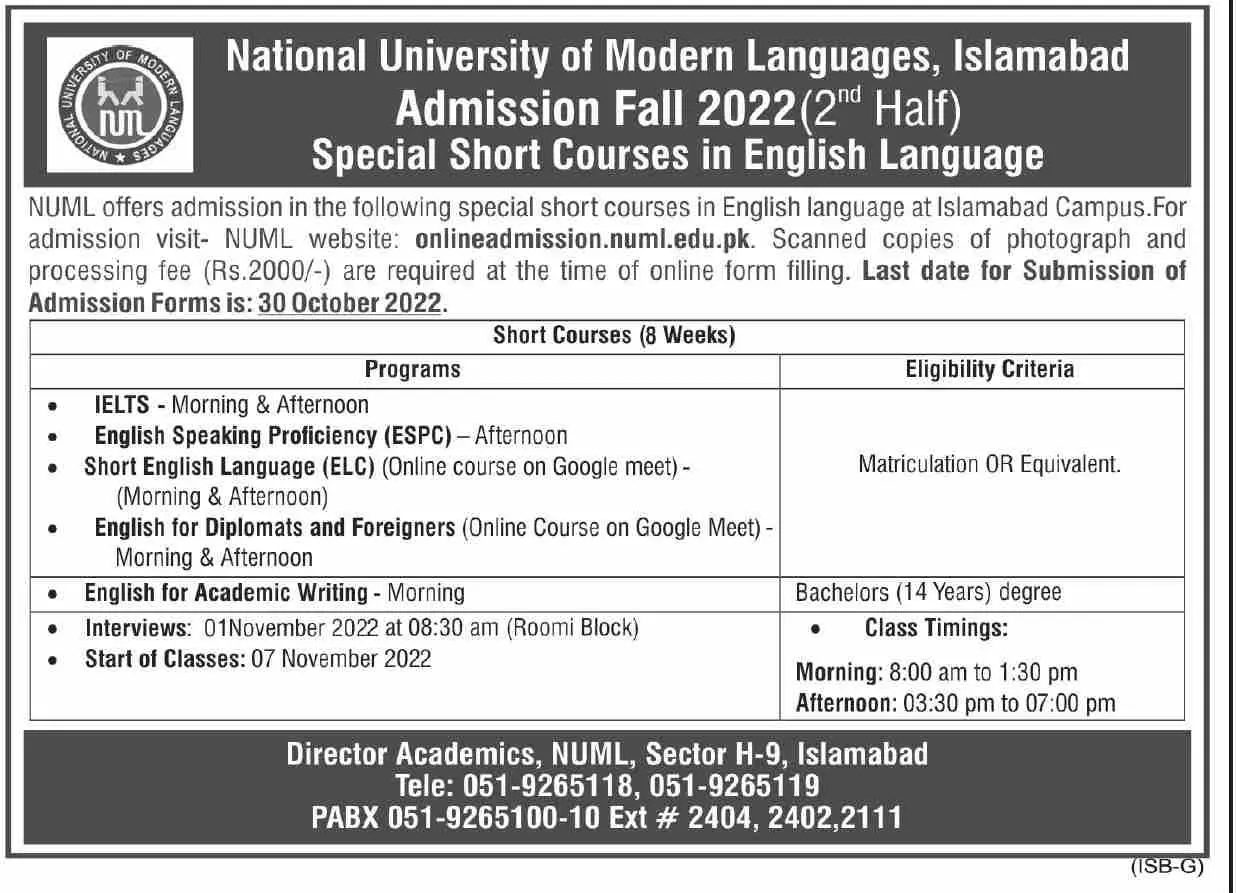 Admission in National University of Modern Languages – National University of Modern Languages Islamabad Admissions 2022 — original advertisement