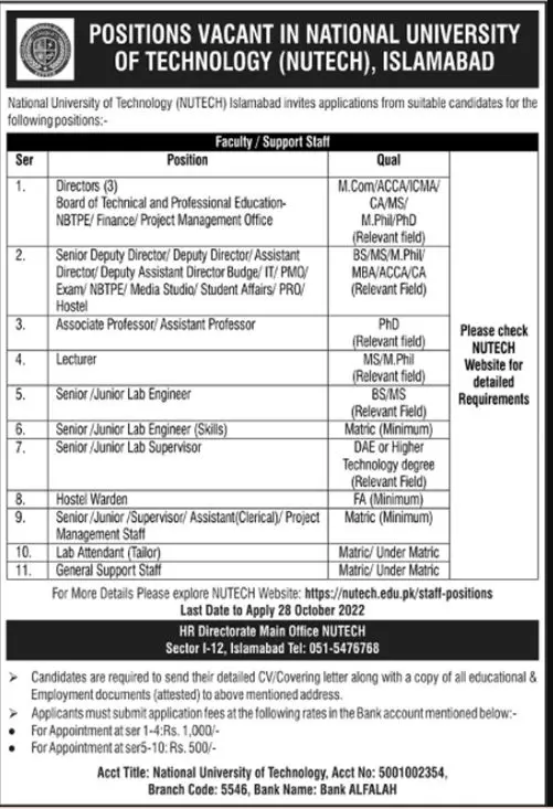 Jobs in National University of Technology (NUTECH) Islamabad – National University of Technology NUTECH Islamabad Jobs 2022 — original advertisement