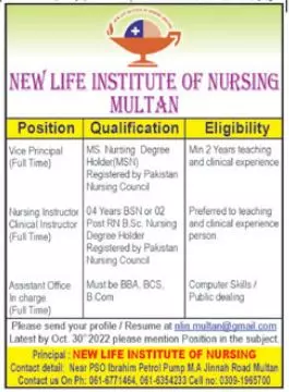 Jobs in New Life institute of Nursing Multan Jobs 2022 — original advertisement