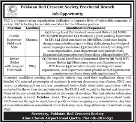 Jobs in Pakistan Red Crescent Society Quetta 2022 Jobs 2022 — original advertisement