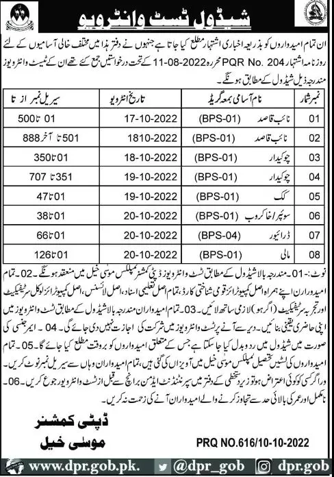 Test Interview in Deputy Commissioner DC Office Musa Khel – Deputy Commissioner Musa Khel Jobs 2022 — original advertisement