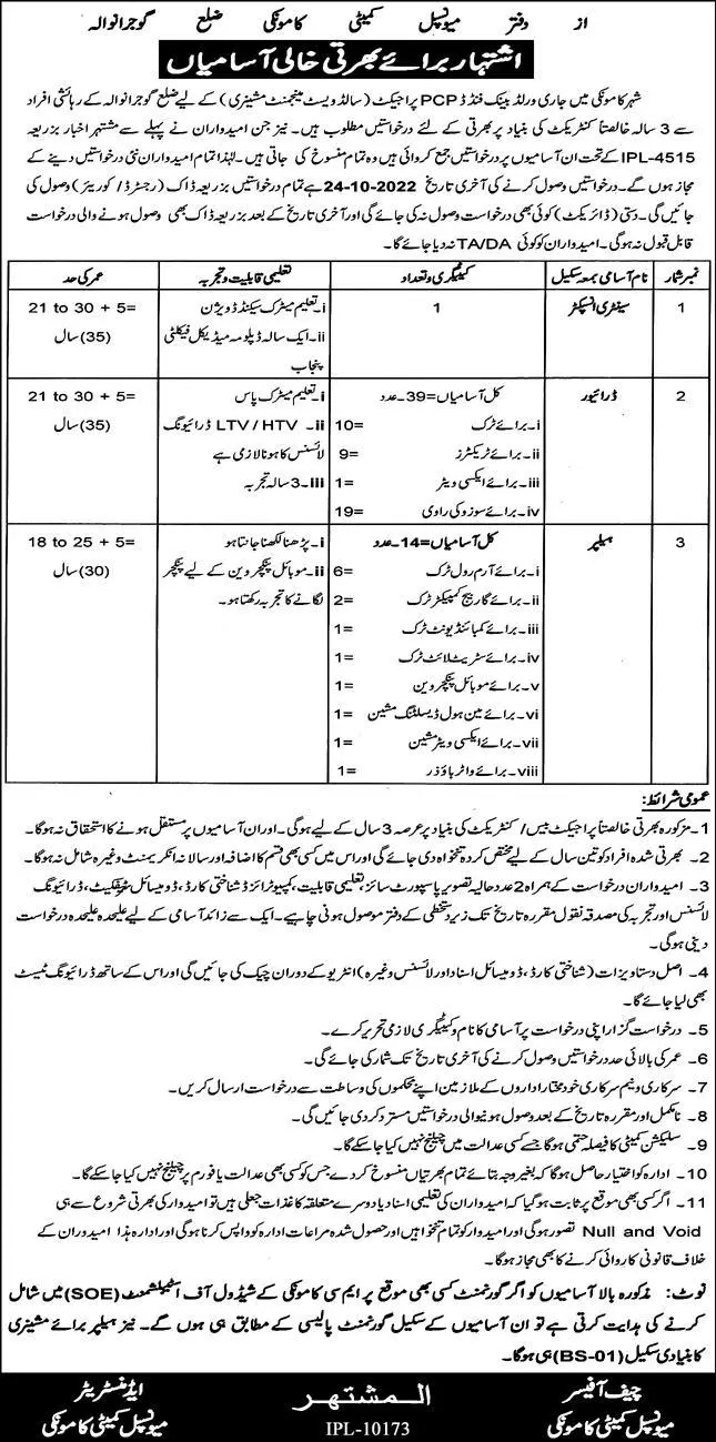 Jobs in Municipal Committee MC Kamoke District Gujranwala – Muncipal Commette Jobs 2022 — original advertisement