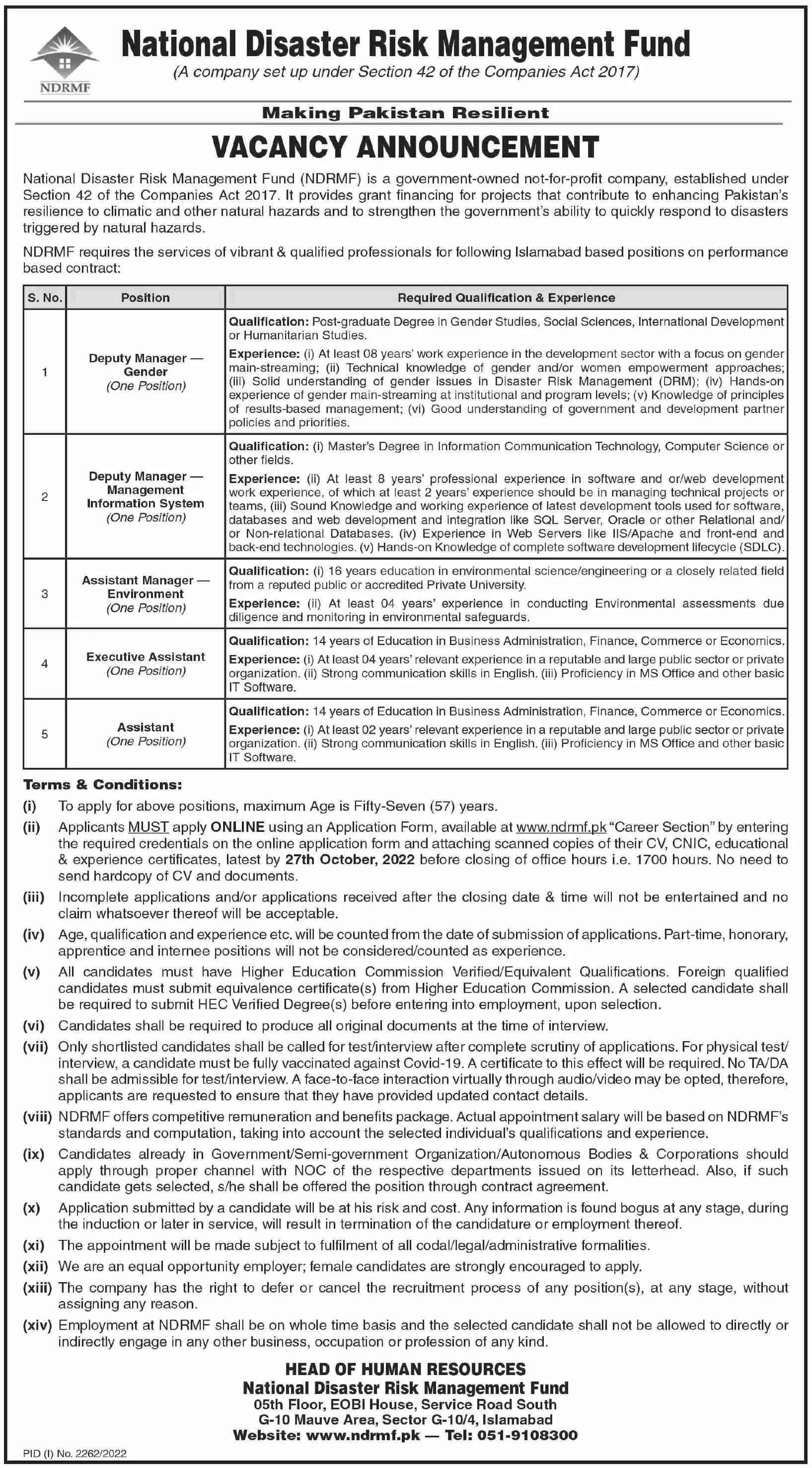 Jobs in National Disaster & Risk Management Fund Islamabad Jobs 2022 — original advertisement