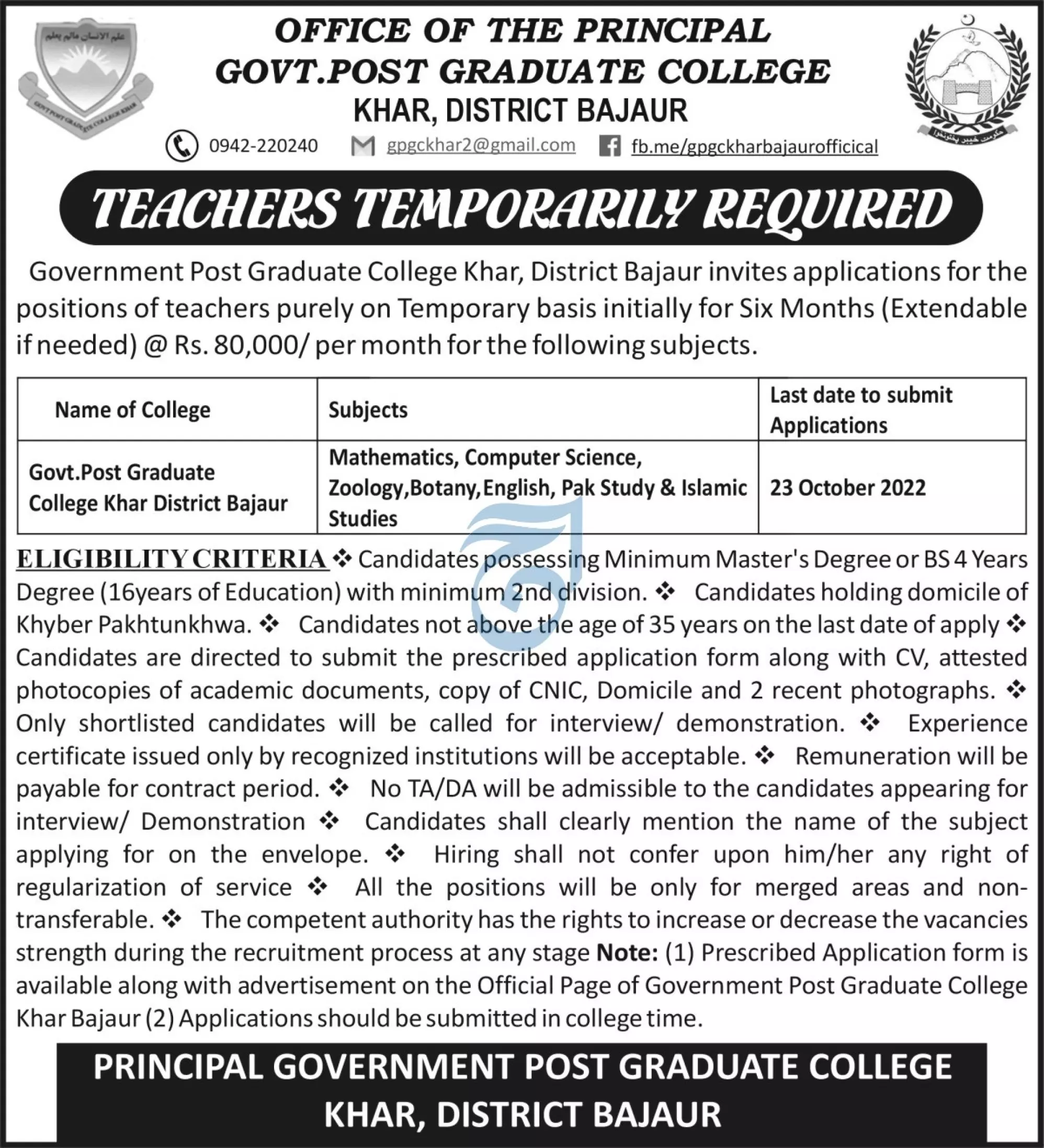 Jobs in Government Postgraduate College Bajaur 2022 Jobs 2022 — original advertisement