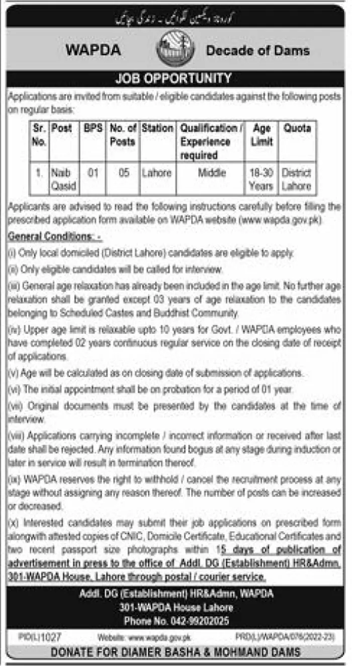 Jobs in Water And Power Development Authority 2022 Jobs 2022 — original advertisement