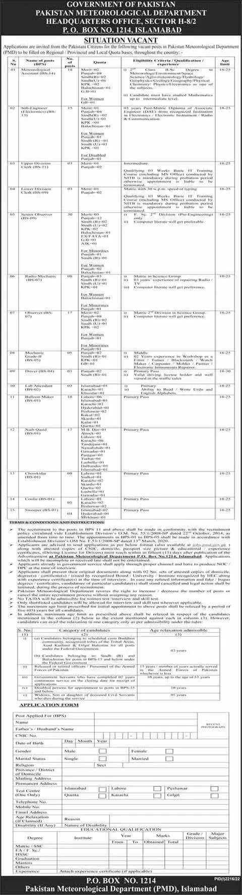 Jobs in Pakistan Meteorological Department PMD Islamabad Jobs 2022 — original advertisement