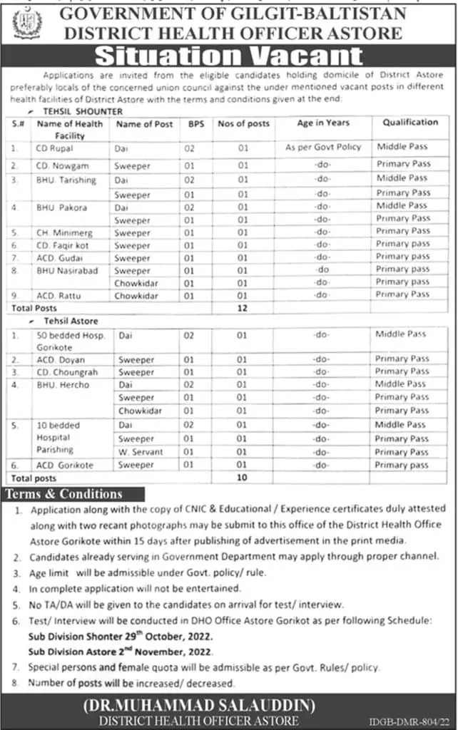 Jobs in District Health Officer DHO Astore Gilgit Baltistan – Health Department Gilgitbaltistan Jobs 2022 — original advertisement
