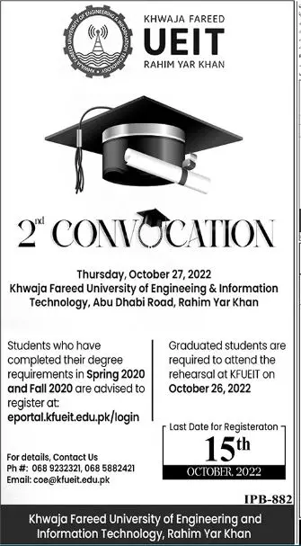 Admission in Khwaja Fareed UEIT Rahim Yar Khan 2022 – Khwaja Fareed University of Engineering and Information Technology Admissions 2022 — original advertisement