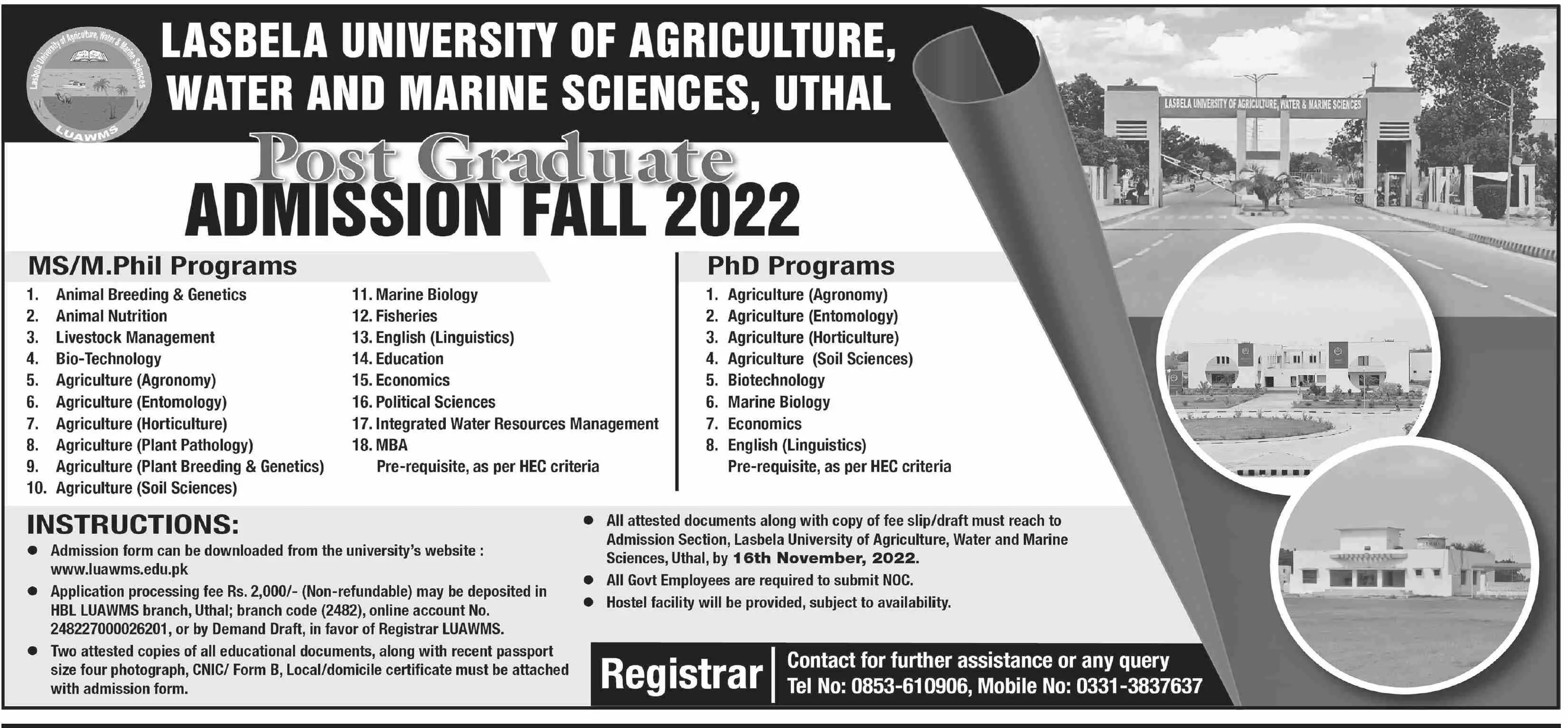 Admission in Lasbela University of Agriculture Water Marine – Lasbela University of Agriculture, Water & Marine Sciences (LUAWMS) Uthal Admissions 2022 — original advertisement